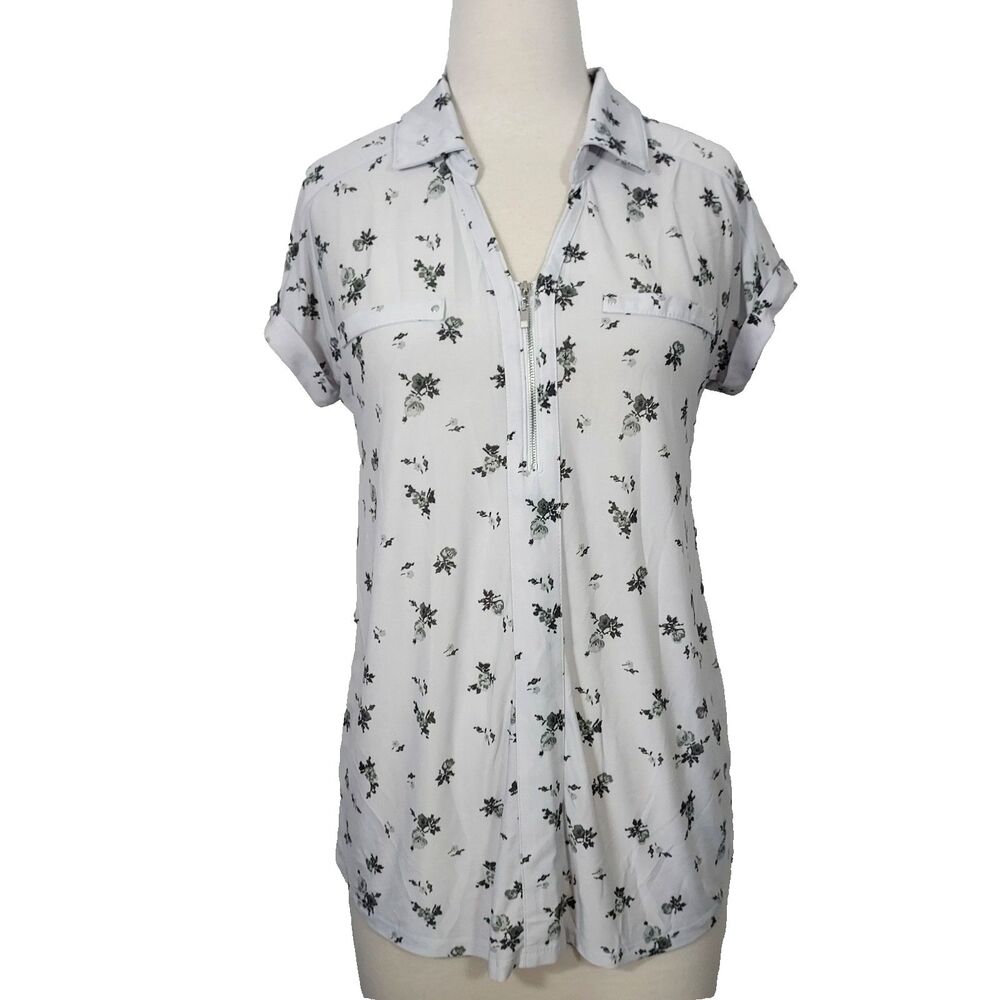 Lilly Morgan Shirt Top 1/4 Zip Stretch Gray Floral Womens Size Medium Casual